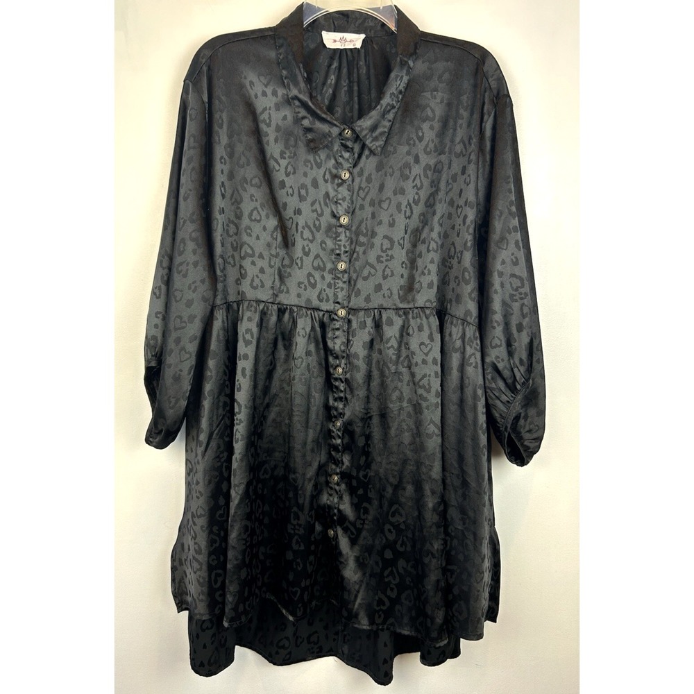 Babydoll Dress 2XL Black Print Button Long Sleeve Mini Whimsigoth Fairy Grunge